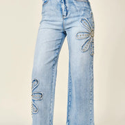 Studded Flower Patch Wide Leg Jeans