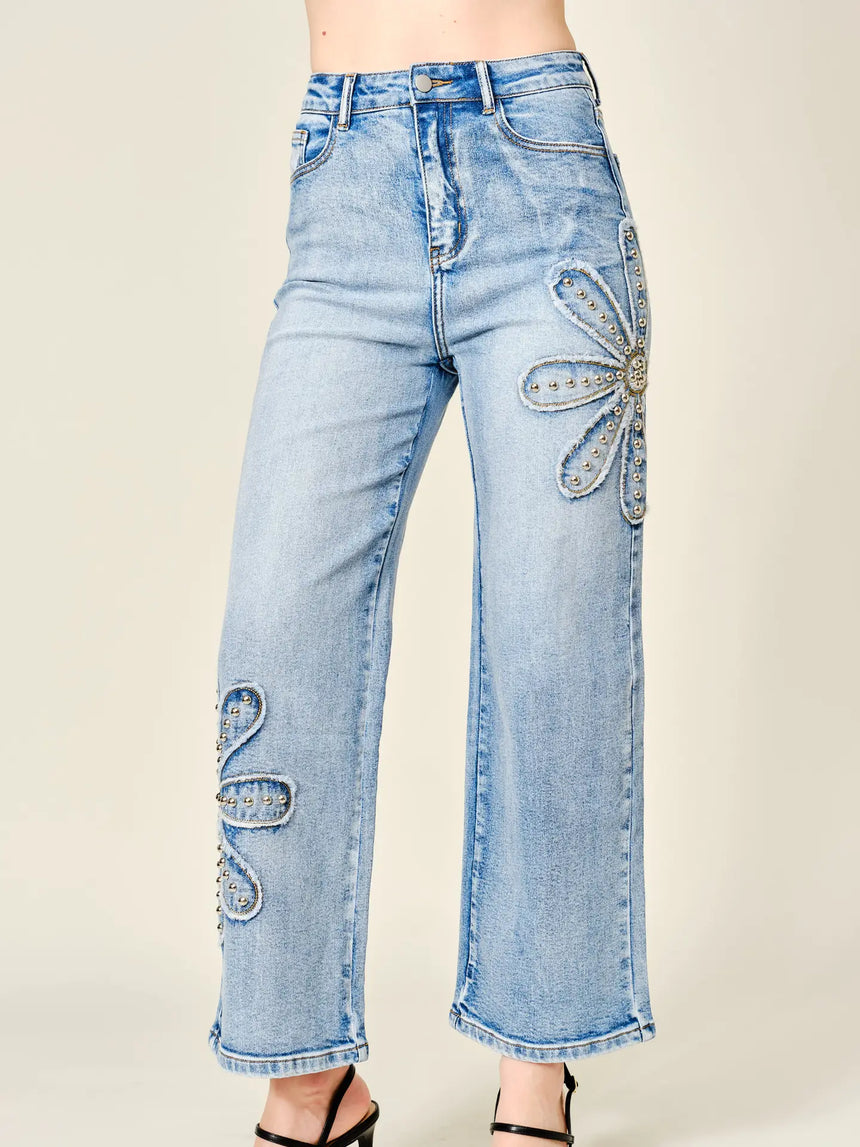 Studded Flower Patch Wide Leg Jeans