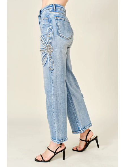 Studded Flower Patch Wide Leg Jeans