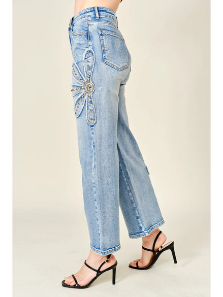Studded Flower Patch Wide Leg Jeans