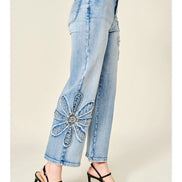 Studded Flower Patch Wide Leg Jeans