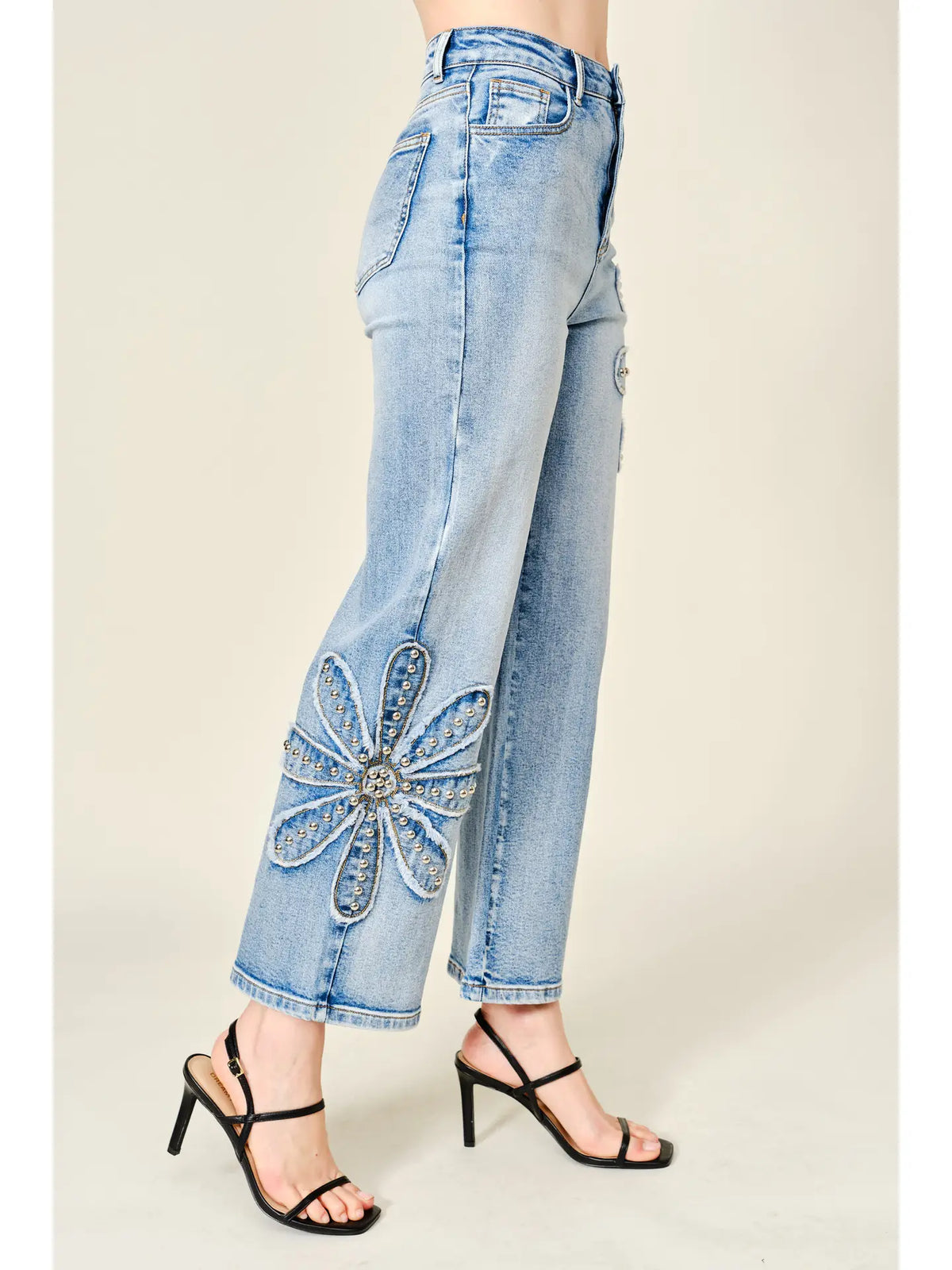 Studded Flower Patch Wide Leg Jeans