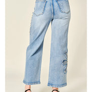 Studded Flower Patch Wide Leg Jeans