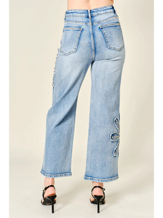 Studded Flower Patch Wide Leg Jeans