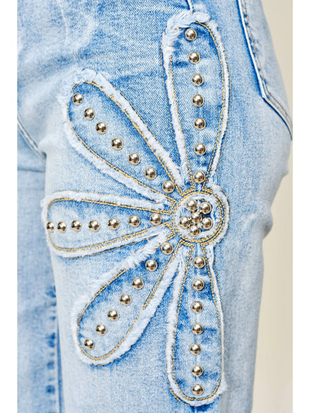 Studded Flower Patch Wide Leg Jeans