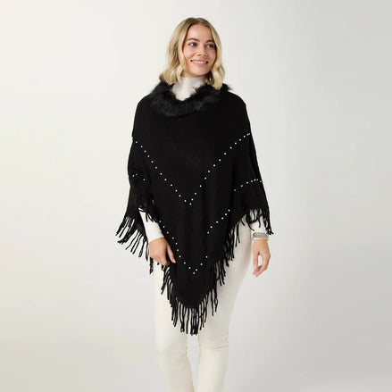 Shirin Poncho with Faux Fur Collar