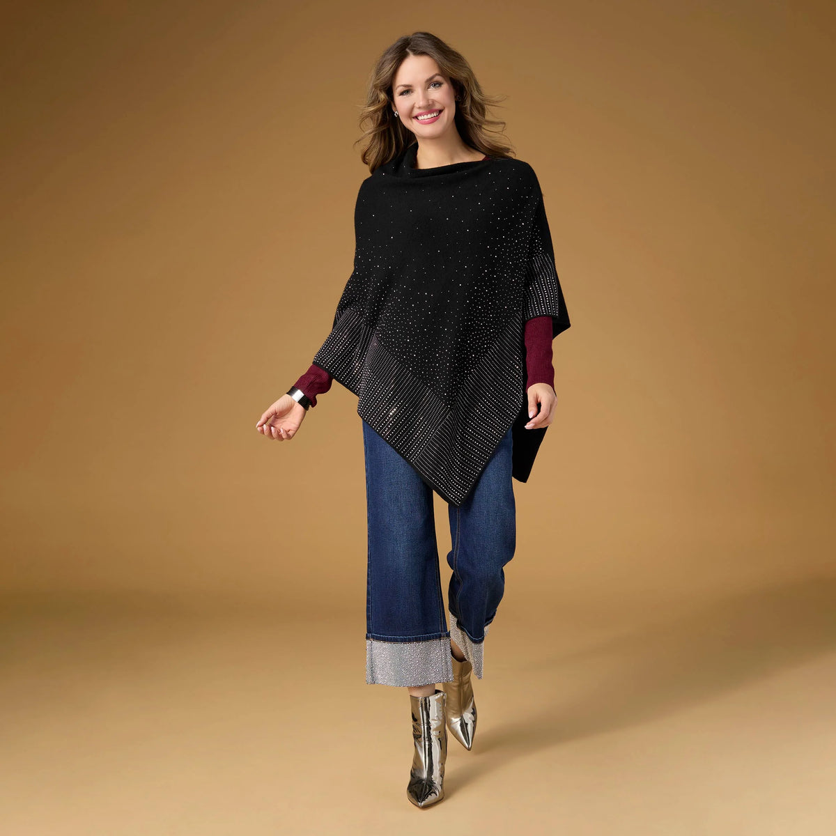 Anastasia Envelope Neck Poncho with Rhinestones