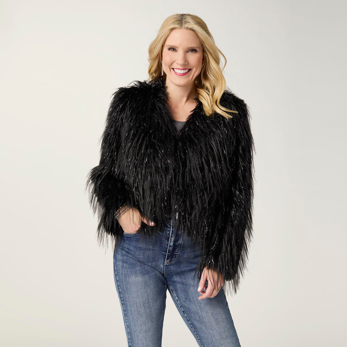 Raven Tinsel Faux Fur Jacket