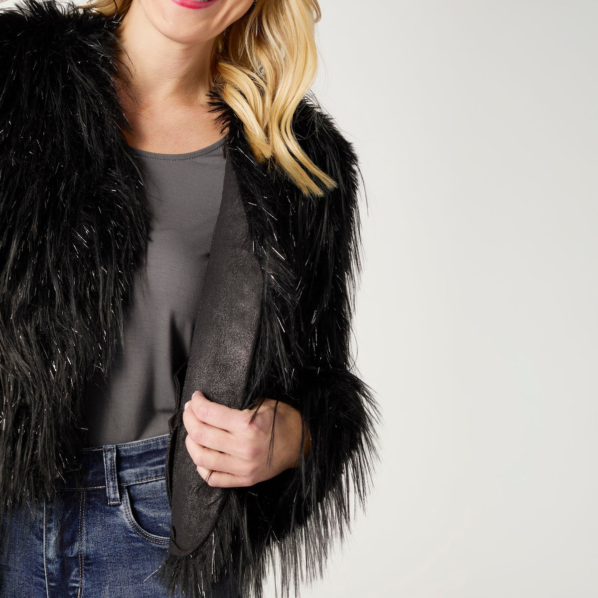 Raven Tinsel Faux Fur Jacket
