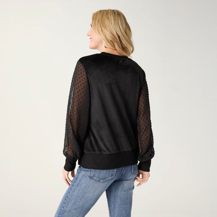 Kayla Velour Top with Swiss Dot Sleeves