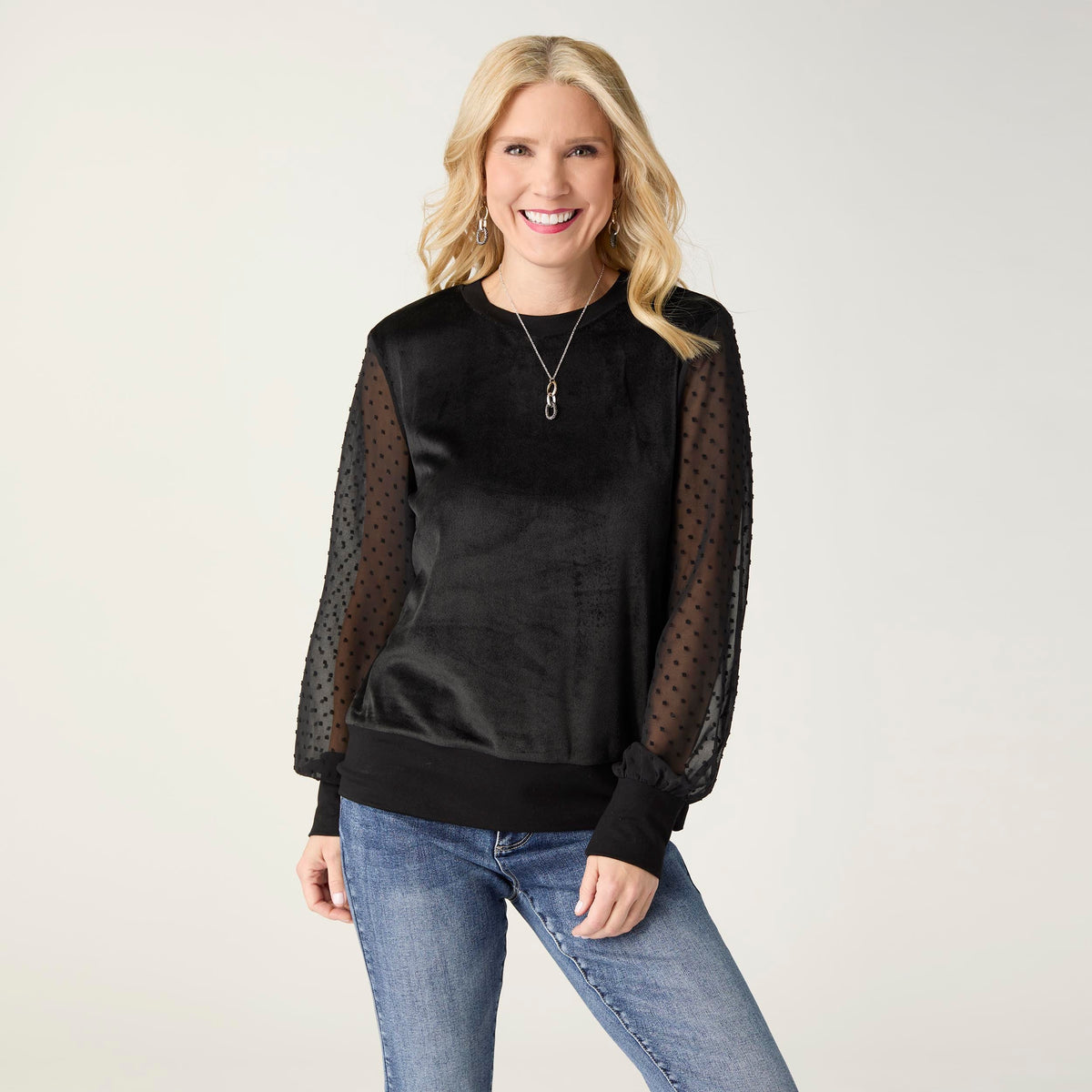 Kayla Velour Top with Swiss Dot Sleeves