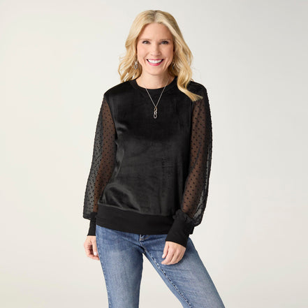 Kayla Velour Top with Swiss Dot Sleeves