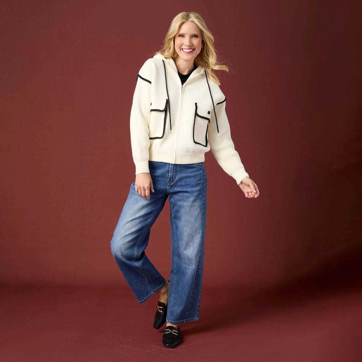 Malia Zip Front Hoodie with Piped Trim