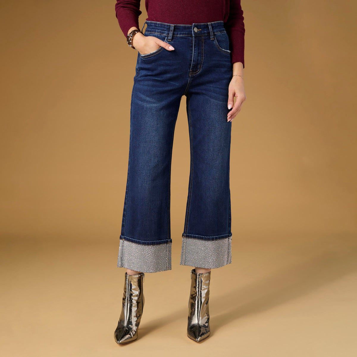 EverStretch Baby Bootcut Crop with Rhinestone Cuff
