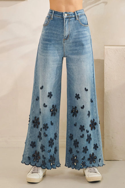 Washed Flower Denim Jeans