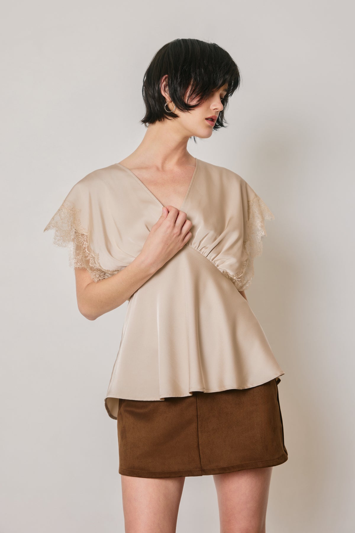 Satin and Lace V Neck Blouse