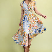 Floral Midi Dress with front zipper and smocked waist