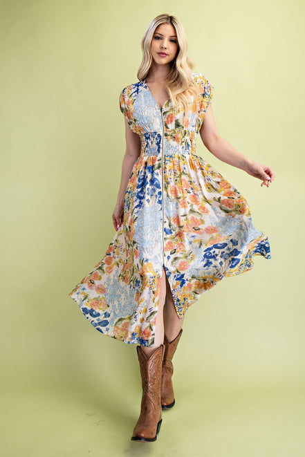 Floral Midi Dress with front zipper and smocked waist