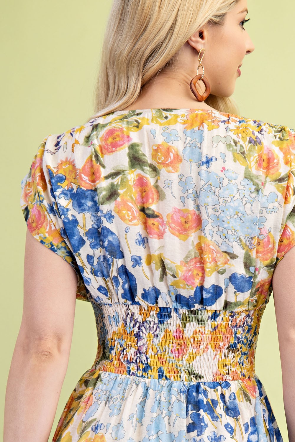 Floral Midi Dress with front zipper and smocked waist