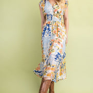 Floral Midi Dress with front zipper and smocked waist