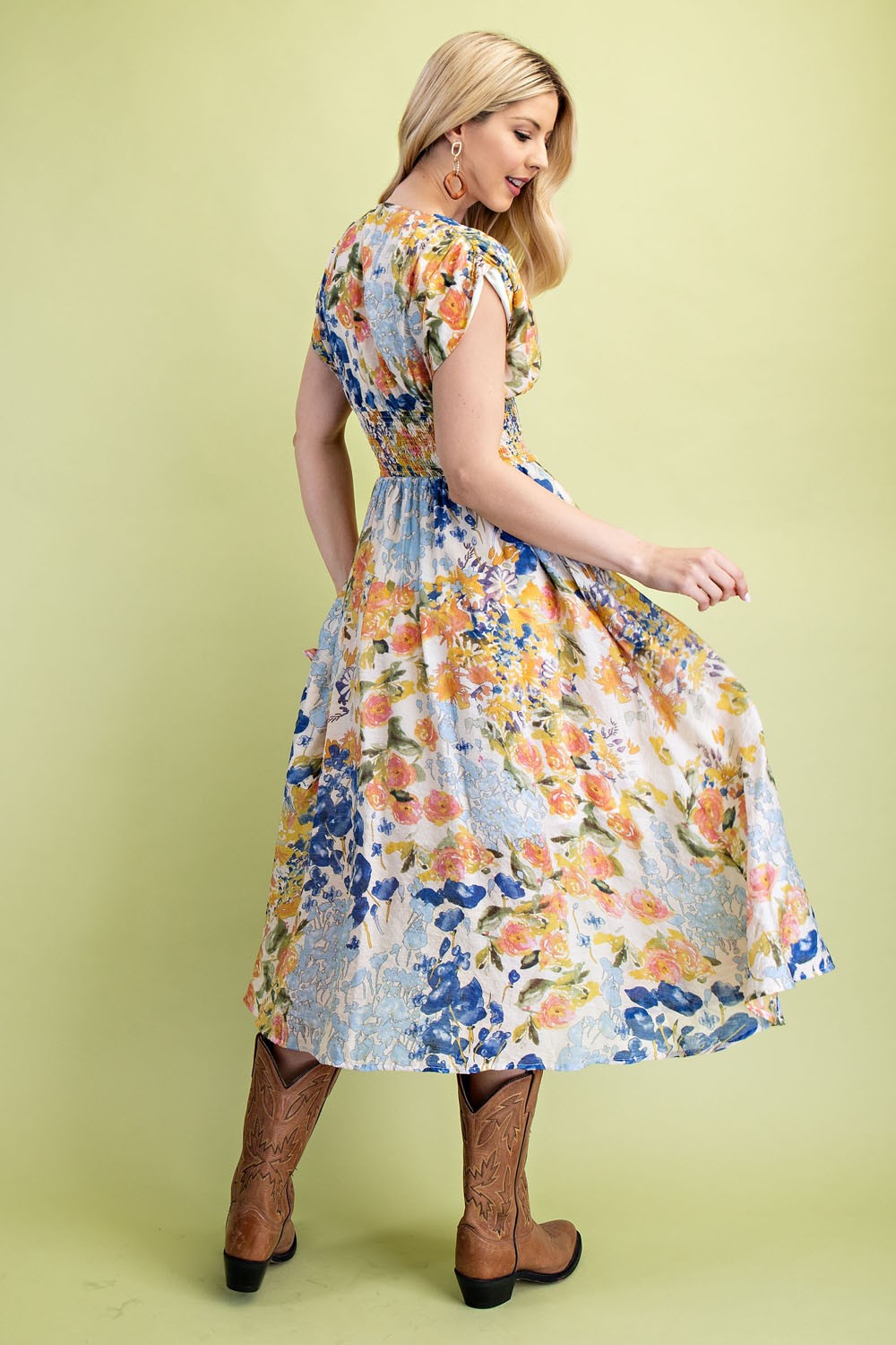 Floral Midi Dress with front zipper and smocked waist